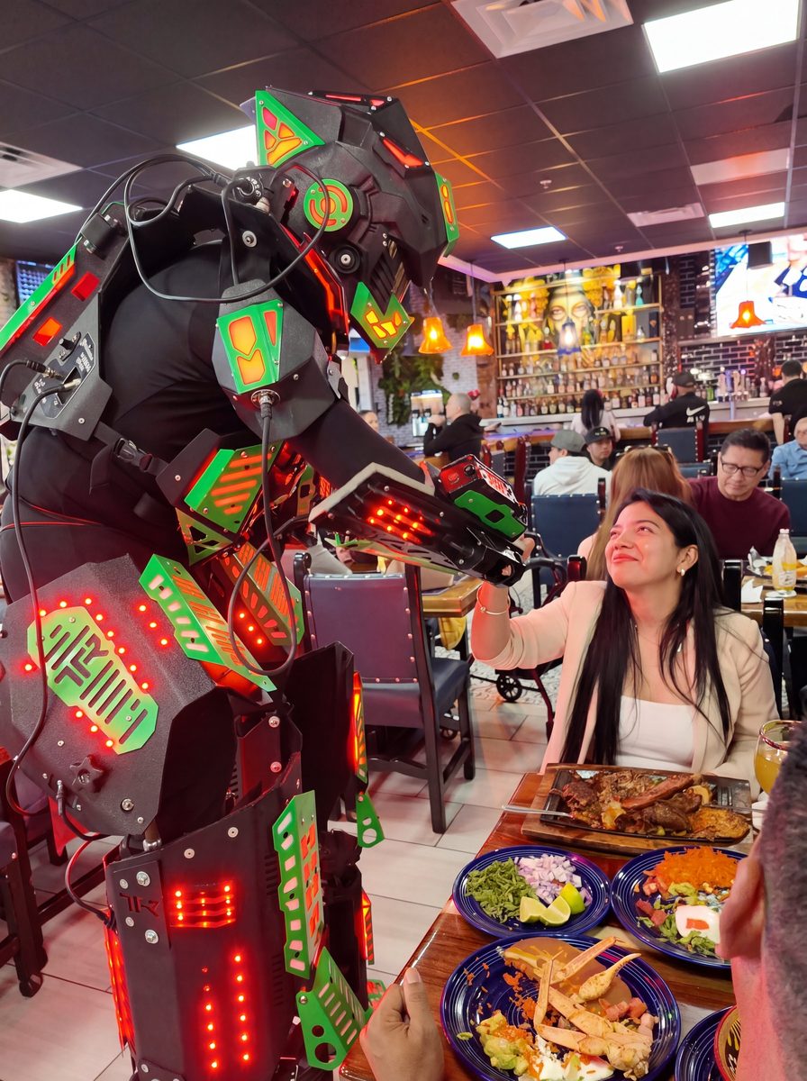 LED robot entertainer at Frida's