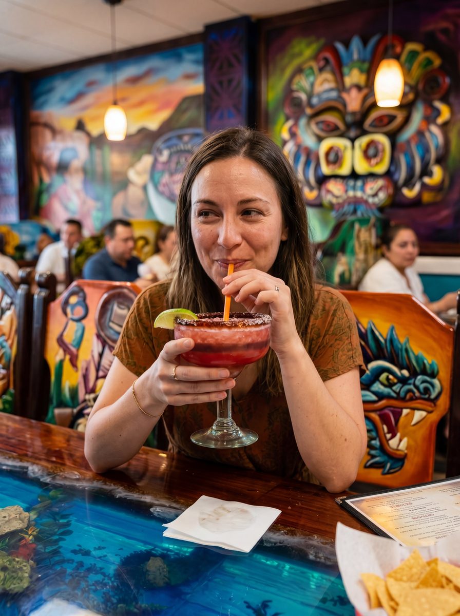 Margarita in front of Aztec mural